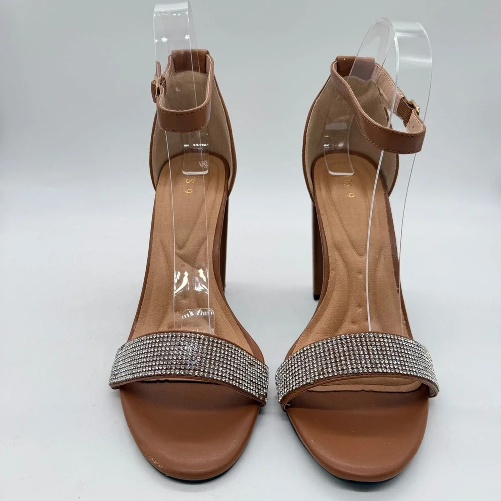 Womens Cognac Brown Rhinestone Ankle Strap Block Heel Sandals Size 9 Dressy